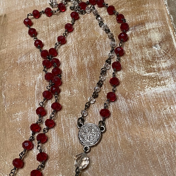 LOYAL MUSE Red & Clear Crystal Rosary Bead Necklace - Picture 5 of 9